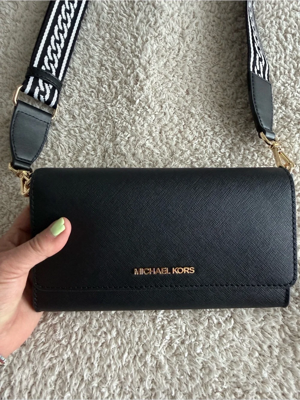 Michael Kors Black Crossbody with Woven Black-and-White Strap